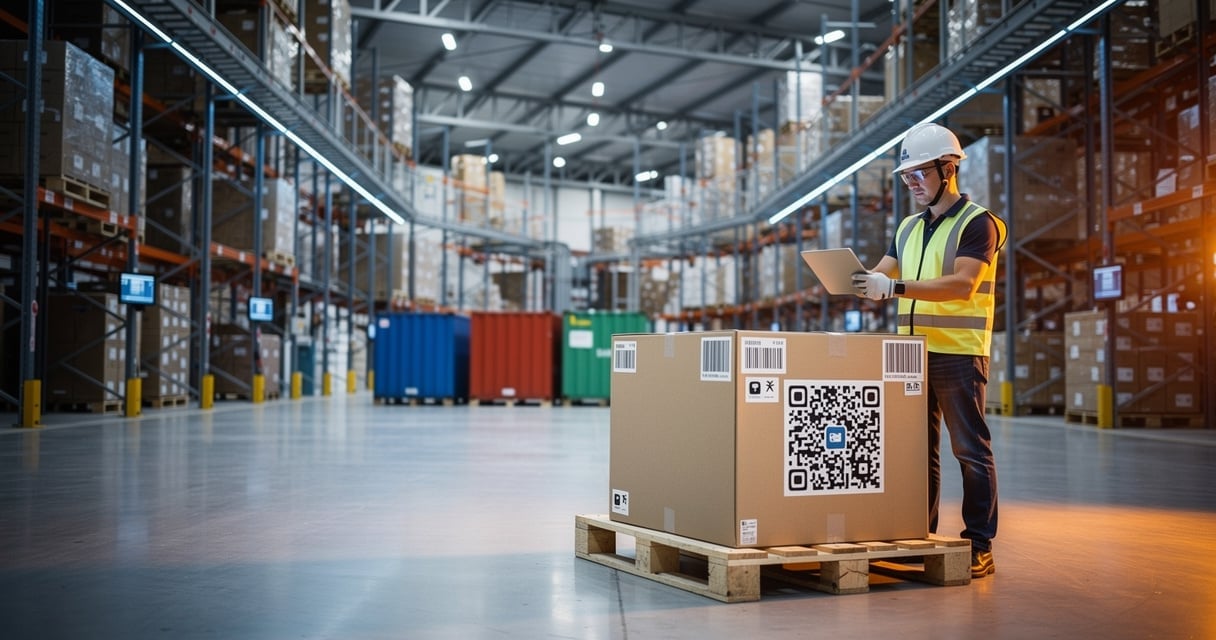 Travailleur en entrepôt logistique scannant un QR code de traçabilité sur une palette