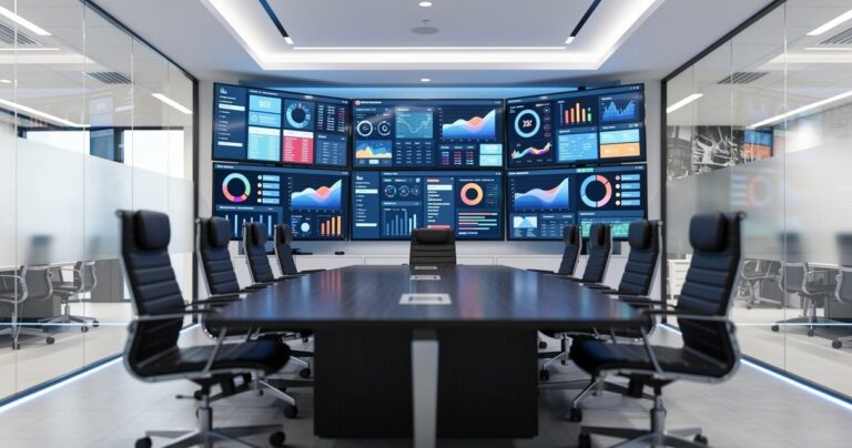 Salle de réunion moderne avec écrans affichant des tableaux de bord analytiques pour le choix d un modèle d IA