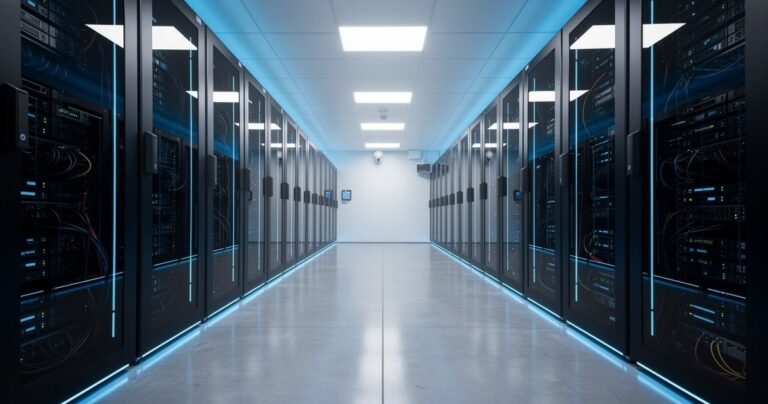 Datacenter cloud souverain avec rangées de serveurs sécurisés