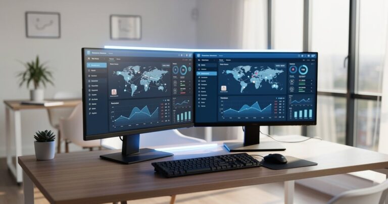 Bureau de PME avec écrans affichant des tableaux de bord de cybersécurité