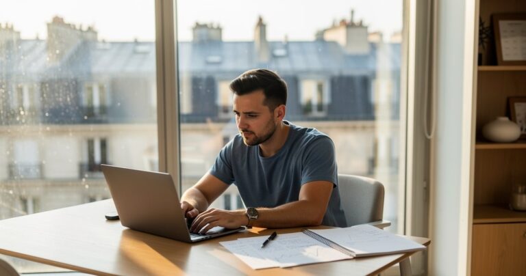 Fondateur de startup travaillant sur son plan de financement dans un bureau parisien