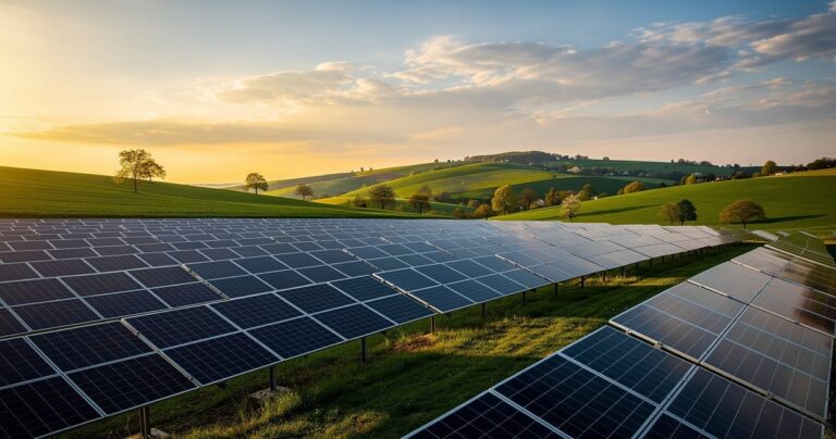 Ferme solaire installée sur un terrain agricole au coucher du soleil