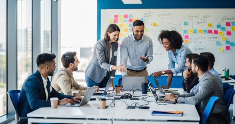 Équipe collaborant lors d'un hackathon en entreprise dans un espace de travail moderne