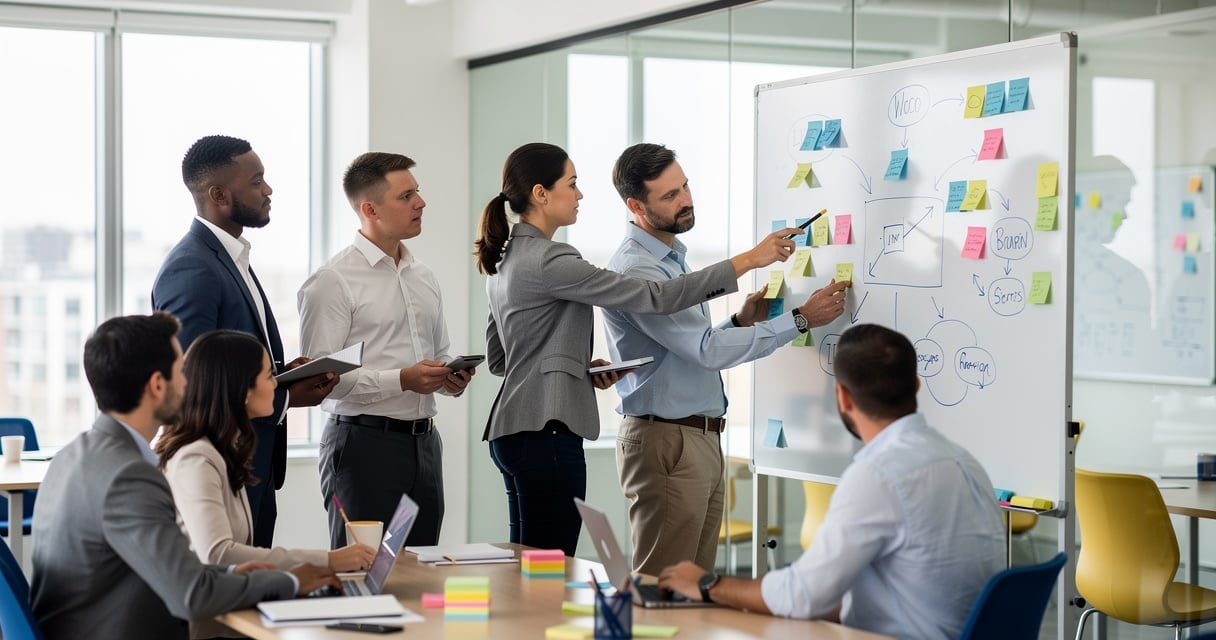 Équipe en séance d'idéation devant un tableau couvert de post-it colorés