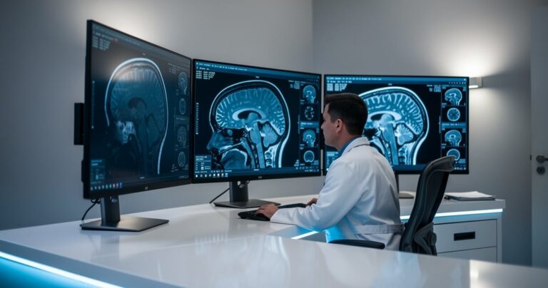 Radiologue analysant une IRM cérébrale assisté par intelligence artificielle en salle de lecture