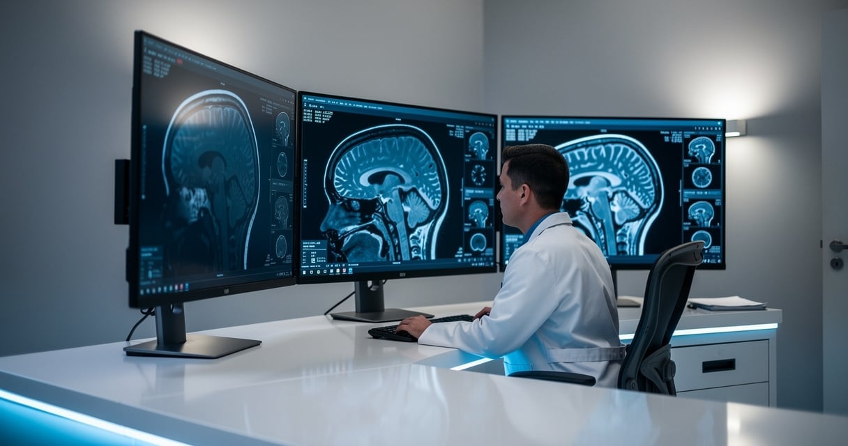 Radiologue analysant une IRM cérébrale assisté par intelligence artificielle en salle de lecture