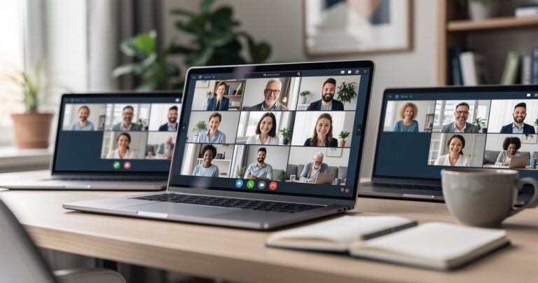Réunion en visioconférence avec une équipe distribuée connectée depuis plusieurs bureaux à domicile