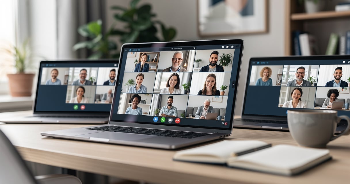 Réunion en visioconférence avec une équipe distribuée connectée depuis plusieurs bureaux à domicile