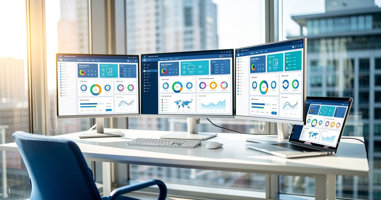 Écrans affichant des interfaces de plateformes no-code et low-code dans un bureau moderne