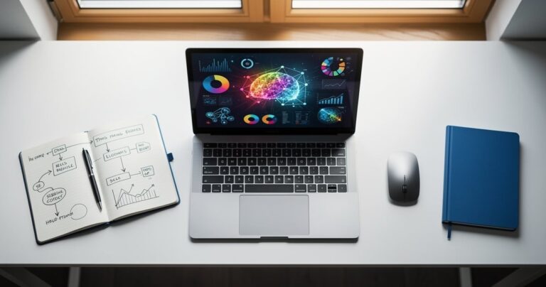 Espace de travail avec un ordinateur affichant une interface IA et des notes manuscrites sur le prompt engineering