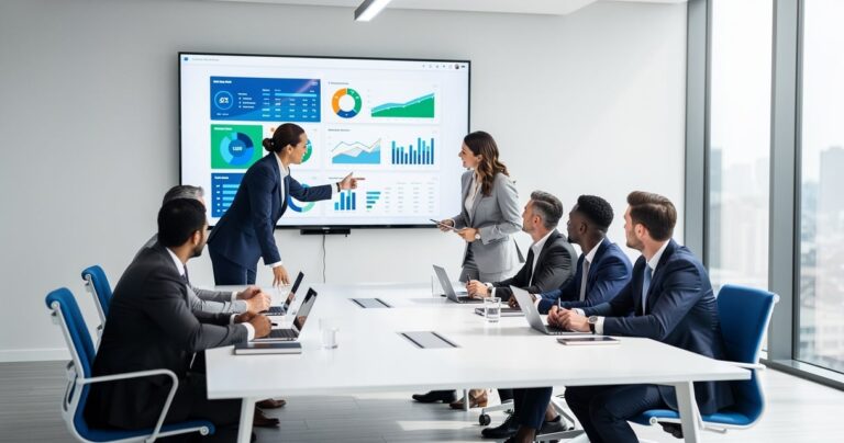 Équipe en réunion devant un tableau de bord de données dans un bureau moderne