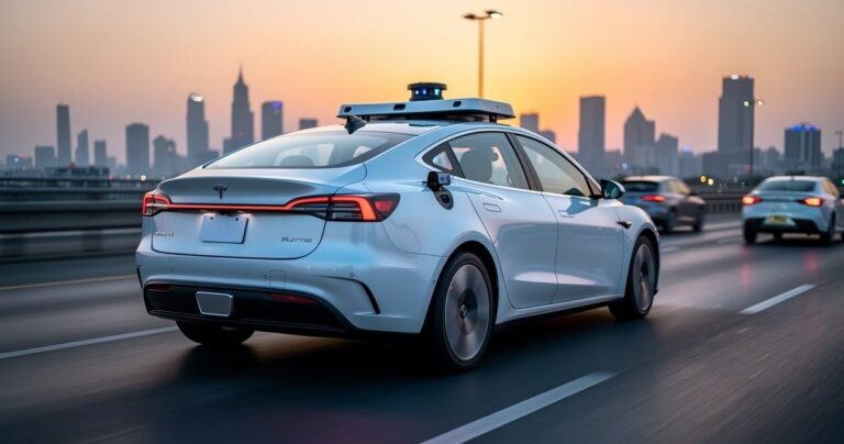 Voiture électrique autonome roulant sur une voie rapide au crépuscule, capteurs visibles sur le toit