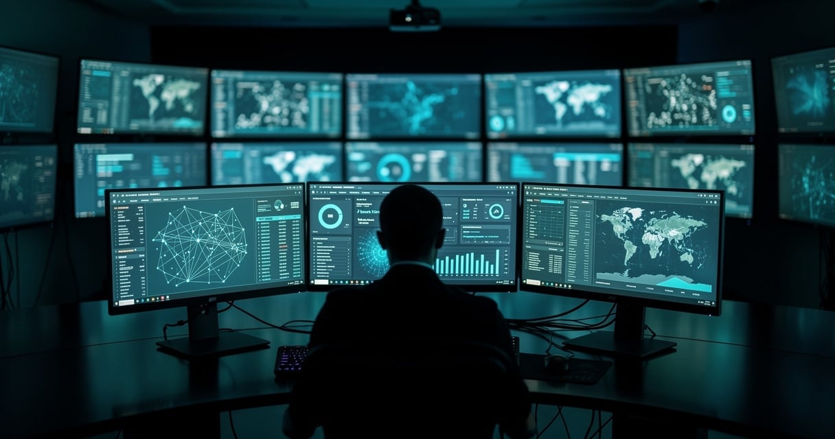 Centre d'opérations de cybersécurité avec analyste devant des écrans de supervision réseau